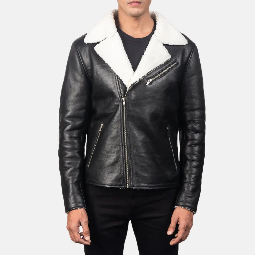 Alberto White Shearling Black Leather Jacket Clanton Jacket