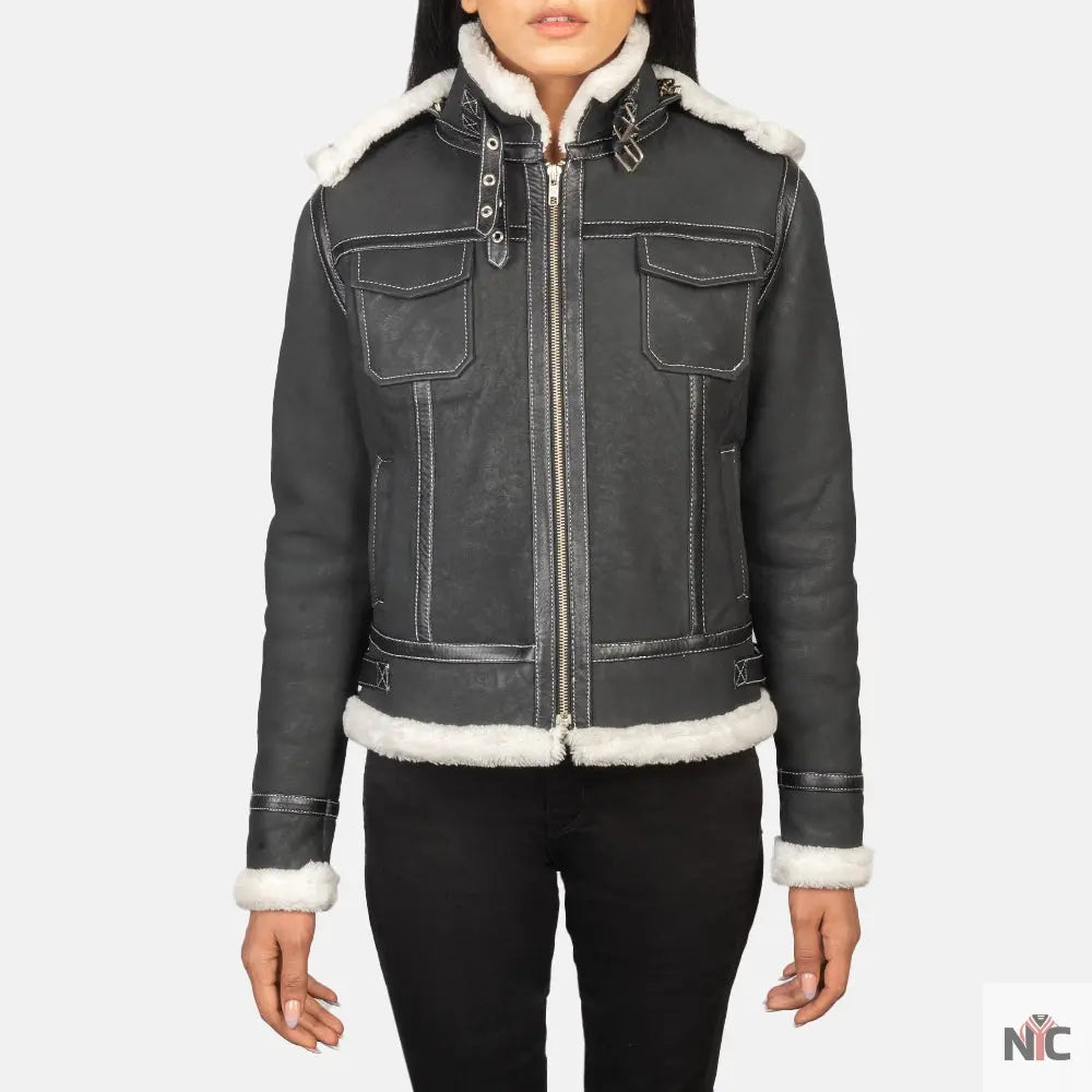 Fiona Black Hooded Shearling Leather Jacket Clanton Jacket