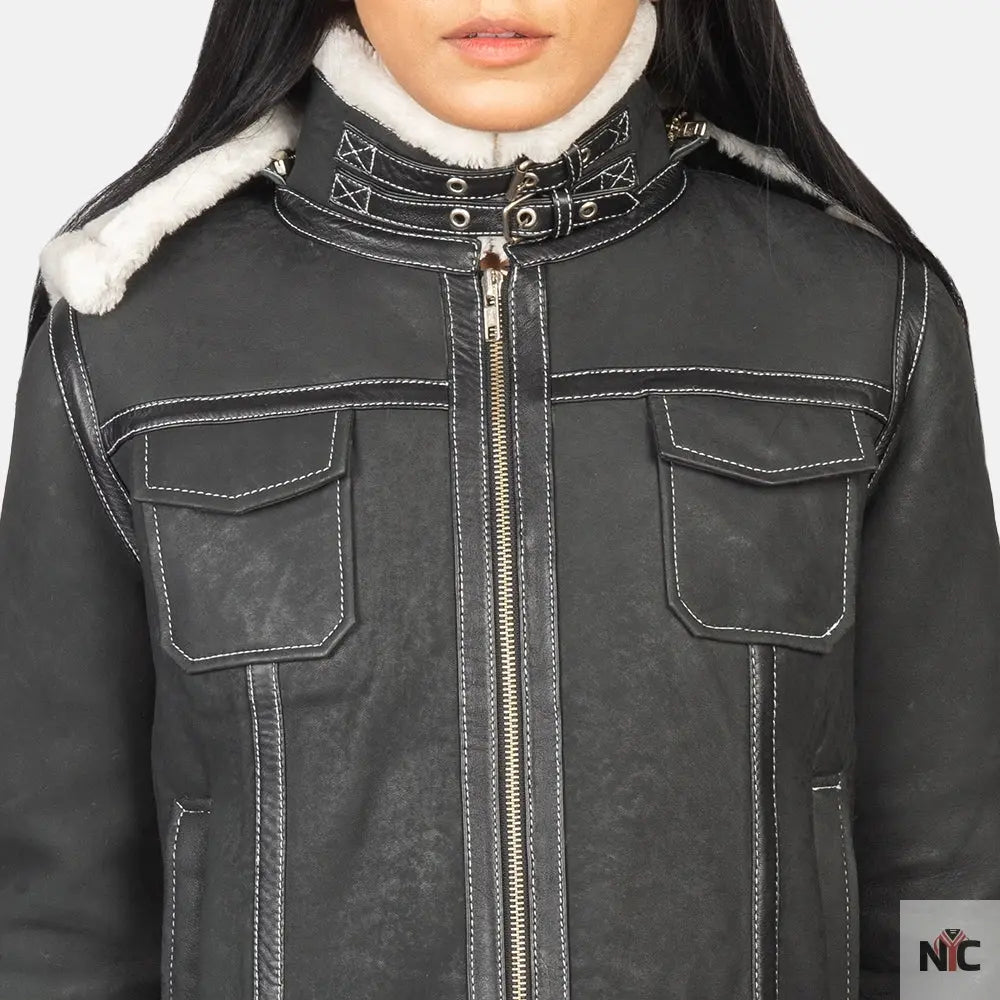 Fiona Black Hooded Shearling Leather Jacket Clanton Jacket