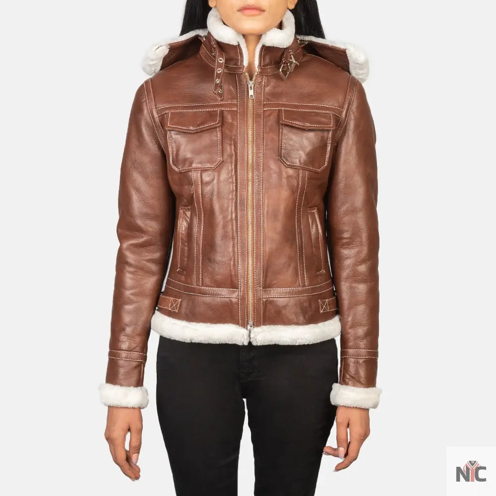 Fiona Brown Hooded Shearling Leather Jacket Clanton Jacket