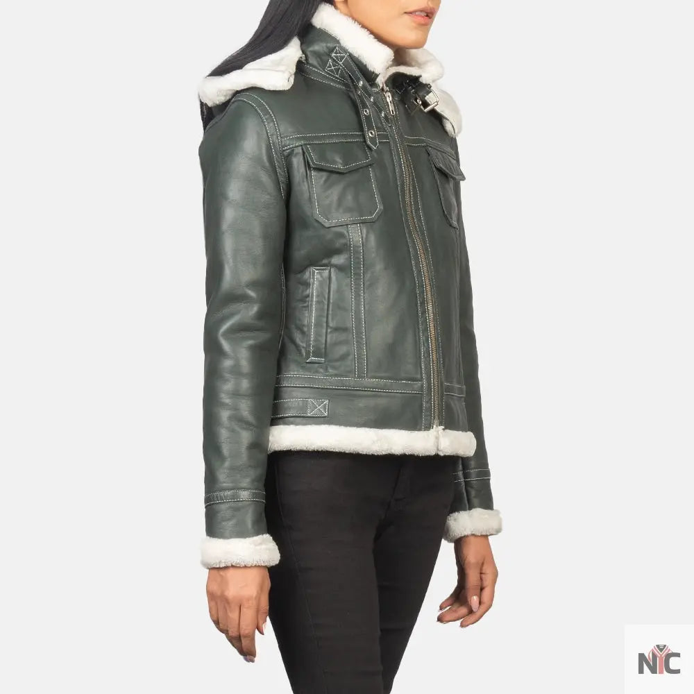 Fiona Green Hooded Shearling Leather Jacket Clanton Jacket