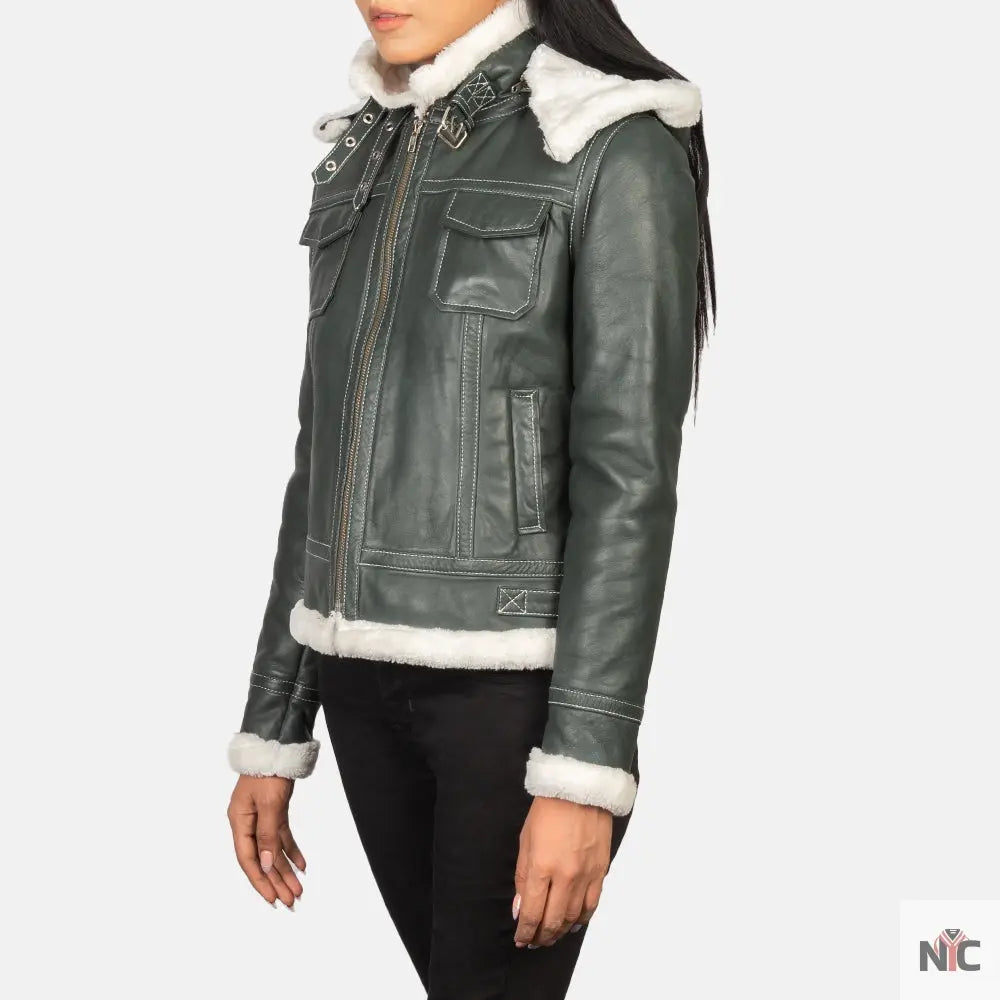 Fiona Green Hooded Shearling Leather Jacket Clanton Jacket