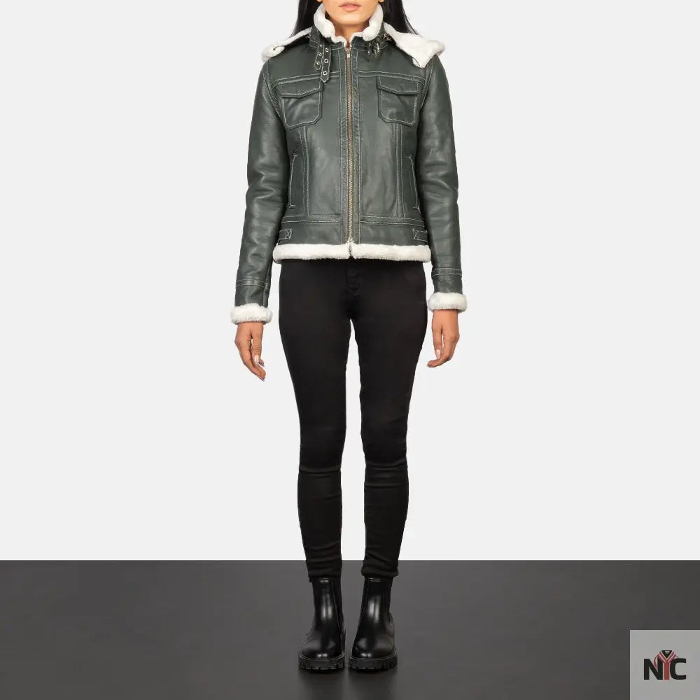 Fiona Green Hooded Shearling Leather Jacket Clanton Jacket