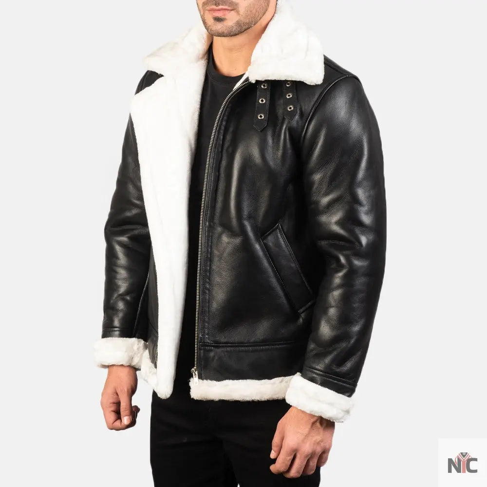 Francis B-3 Black & White Leather Bomber Jacket Clanton Jacket