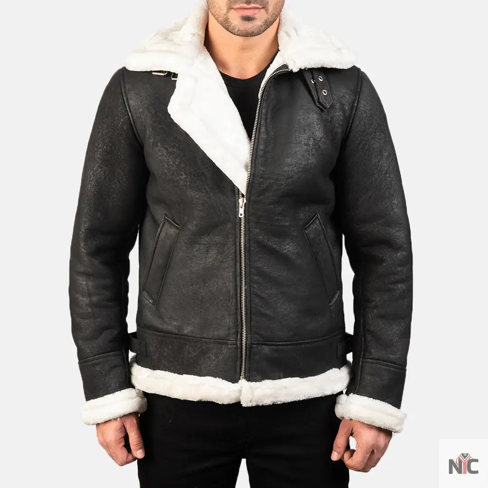 Francis B-3 Distressed Black Leather Bomber Jacket Clanton Jacket