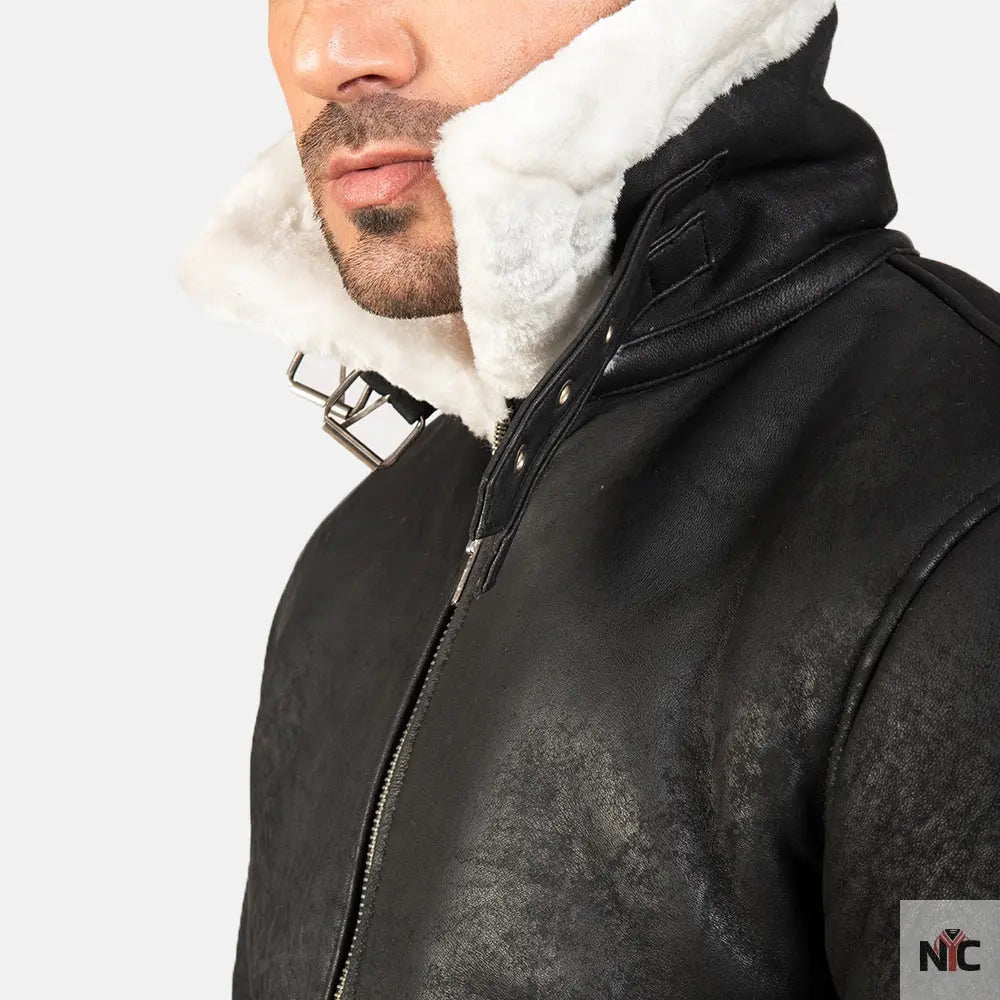 Francis B-3 Distressed Black Leather Bomber Jacket Clanton Jacket