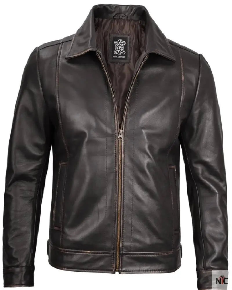 Mens Vintage Leather Rub Off Brown Casual Jacket Clanton Jacket
