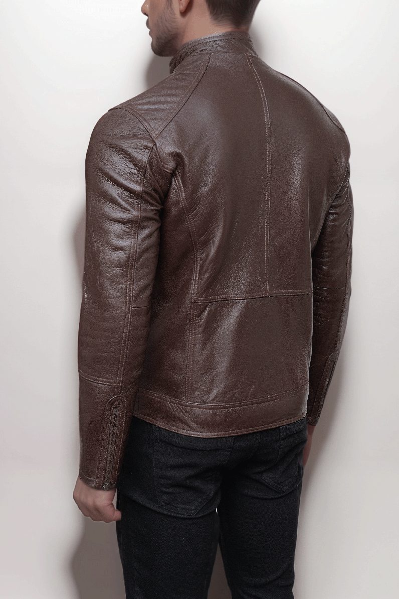 Men’s Slim Fit Minimal Design Brown Leather Jacket