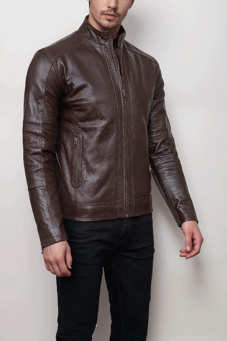 Men’s Slim Fit Minimal Design Brown Leather Jacket
