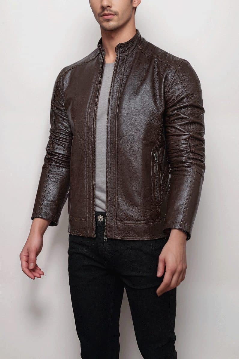 Men’s Slim Fit Minimal Design Brown Leather Jacket