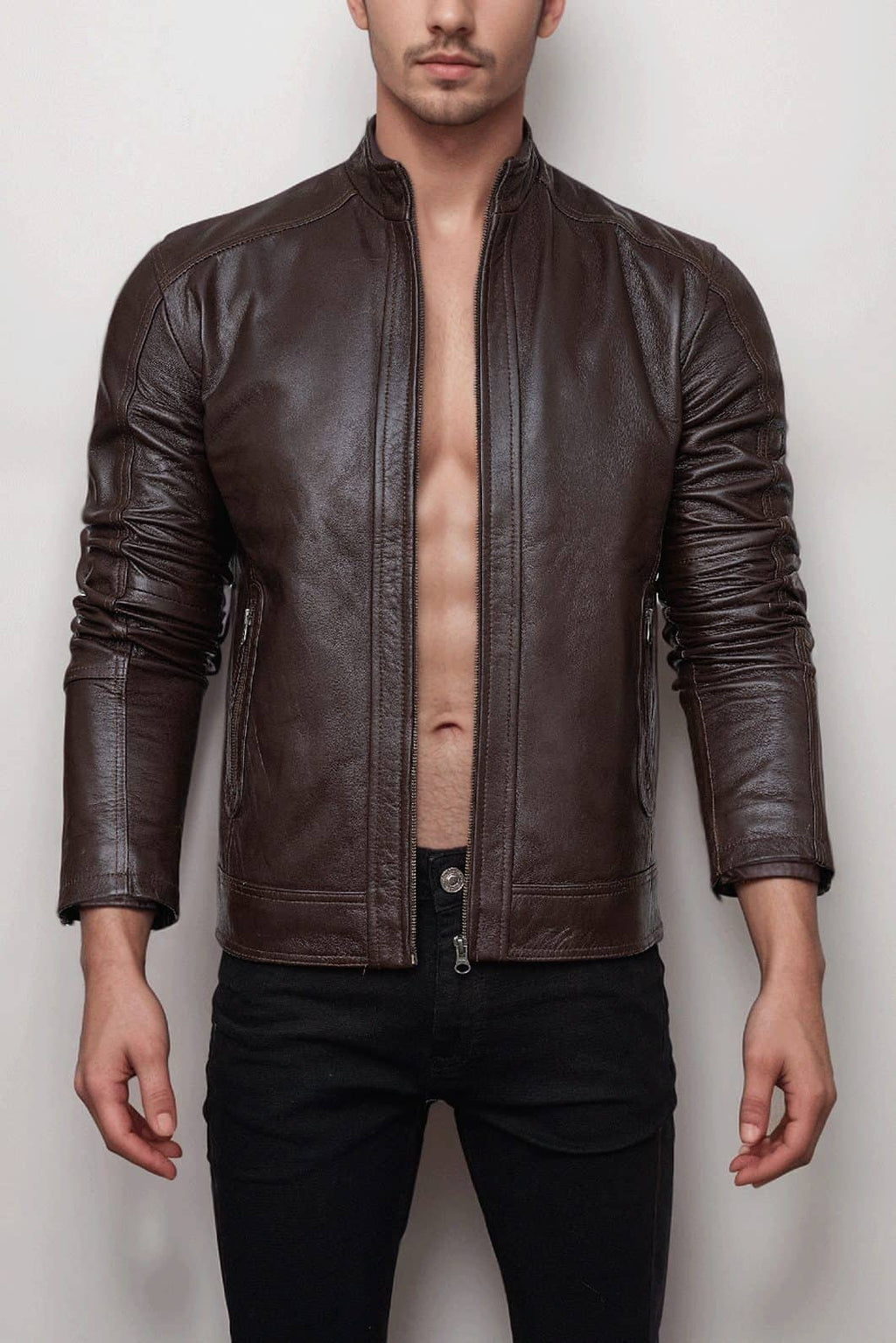 Men’s Slim Fit Minimal Design Brown Leather Jacket