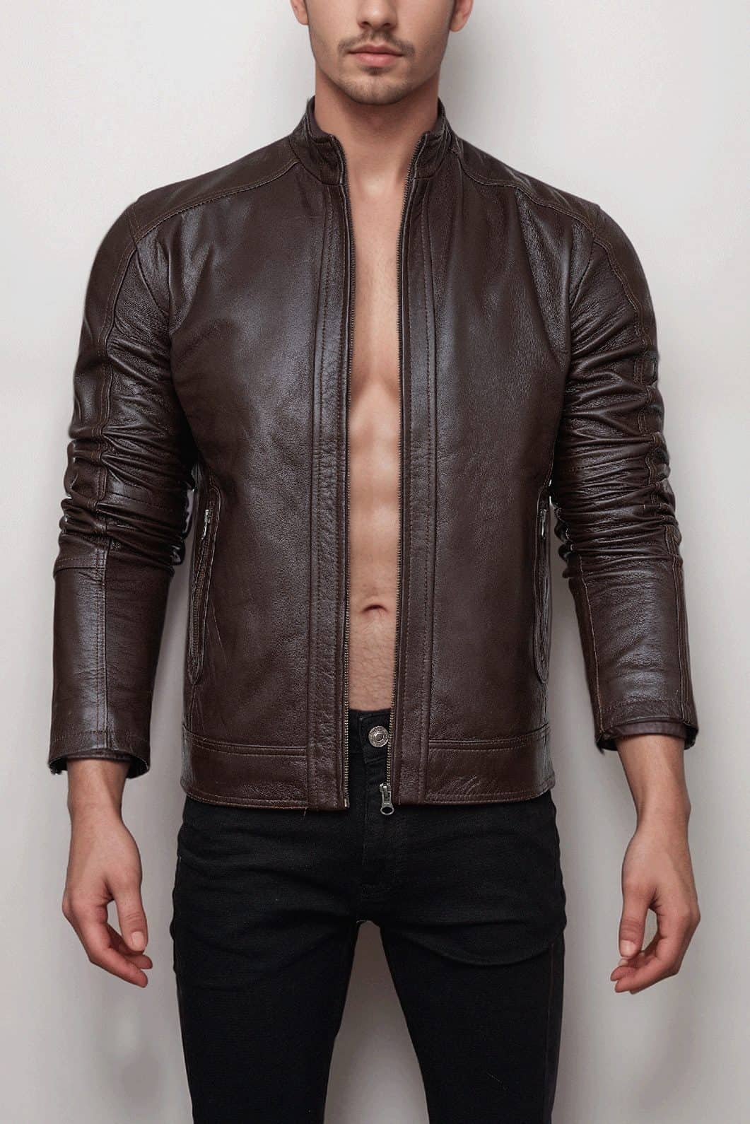 Men’s Slim Fit Minimal Design Brown Leather Jacket
