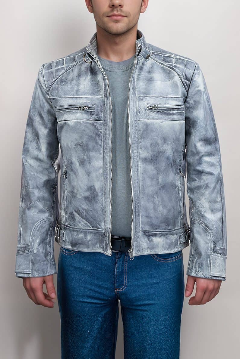 Mens Vintage Cafe Racer Retro Distressed Grey Jacket