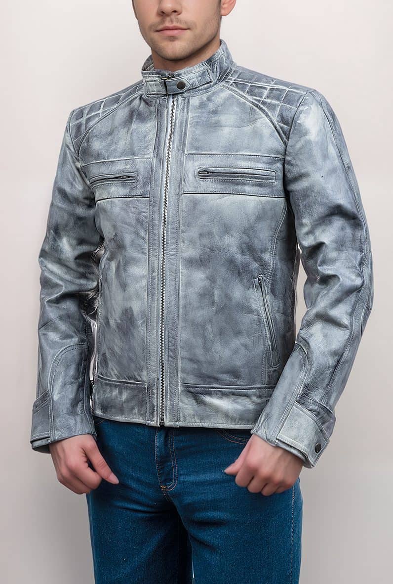 Mens Vintage Cafe Racer Retro Distressed Grey Jacket
