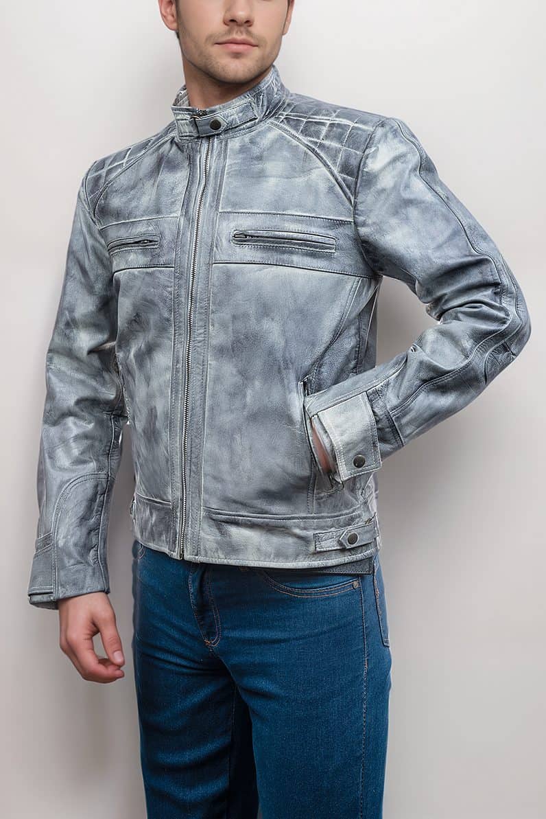 Mens Vintage Cafe Racer Retro Distressed Grey Jacket