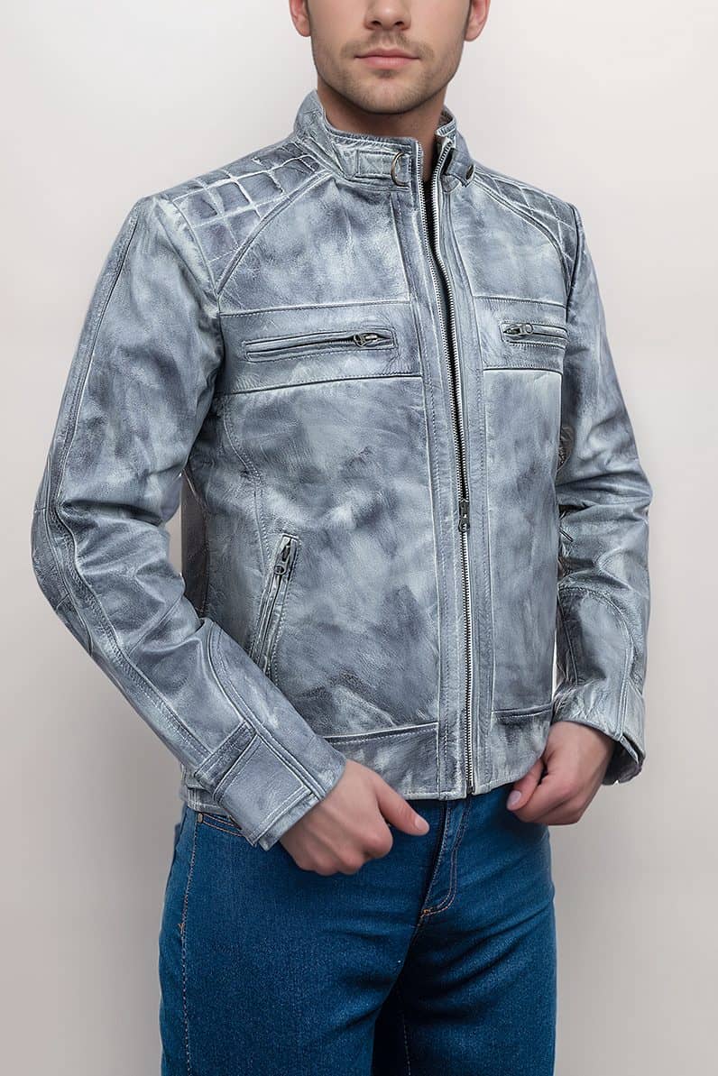 Mens Vintage Cafe Racer Retro Distressed Grey Jacket