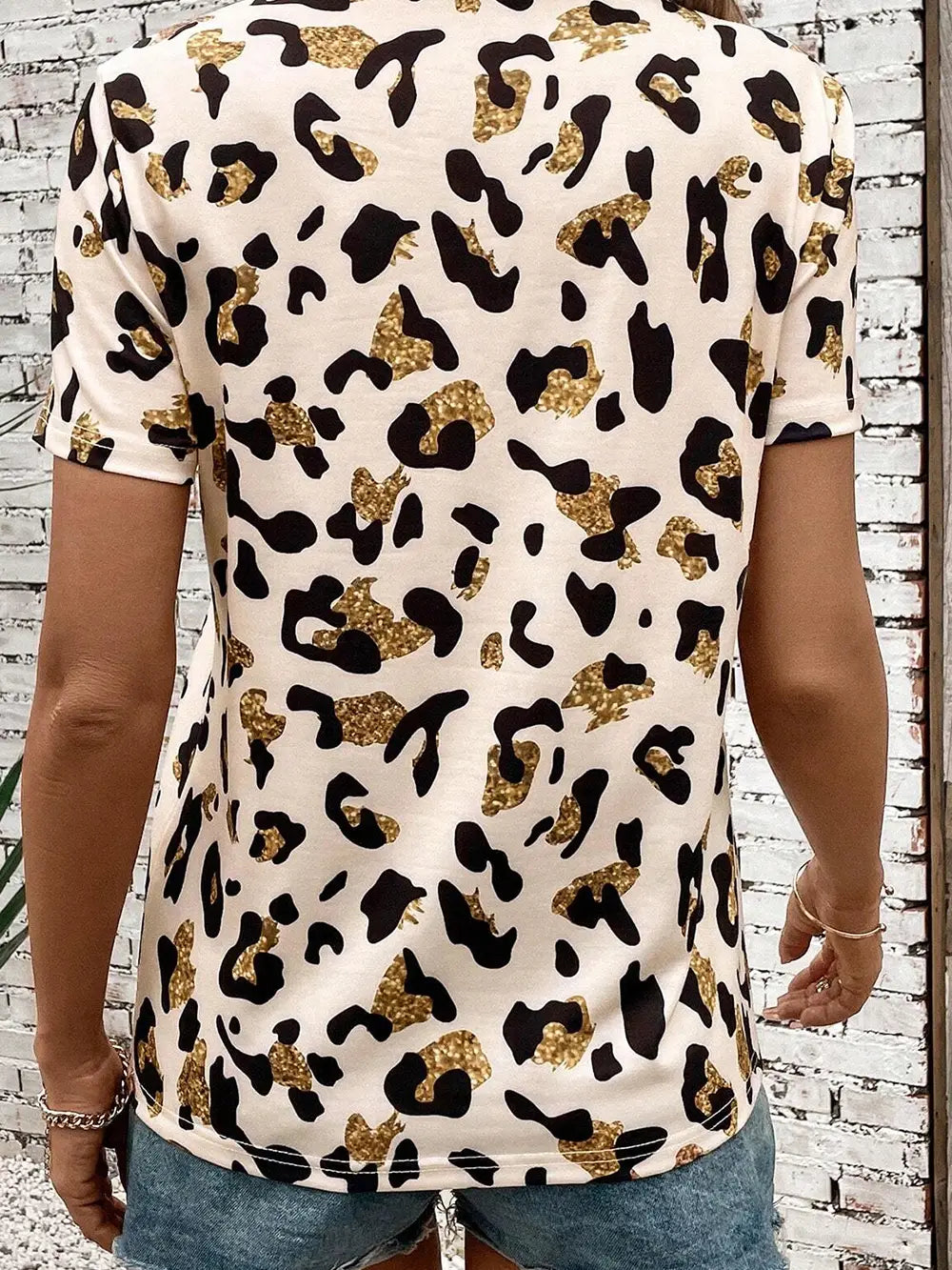 Apricot Leopard Print Round Neck Casual T Shirt