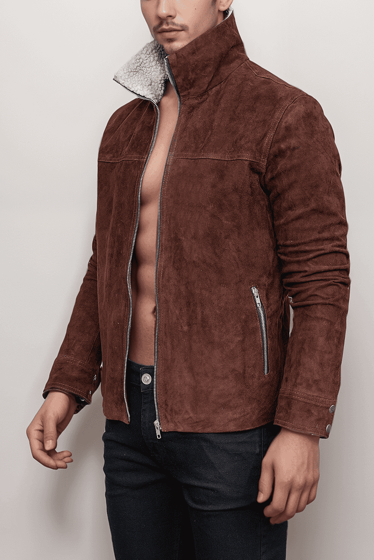 Men’s Stylish Slim-Fit Brown Suede Leather Jacket