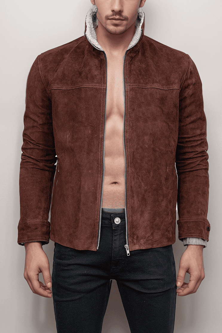 Men’s Stylish Slim-Fit Brown Suede Leather Jacket