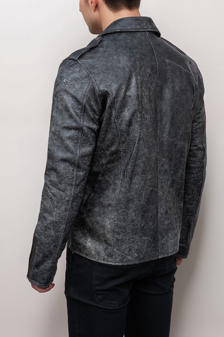 Men’s Vintage Style Distressed Black Leather Biker Jacket