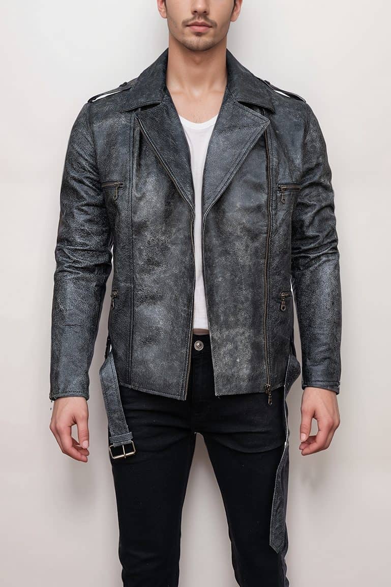 Men’s Vintage Style Distressed Black Leather Biker Jacket