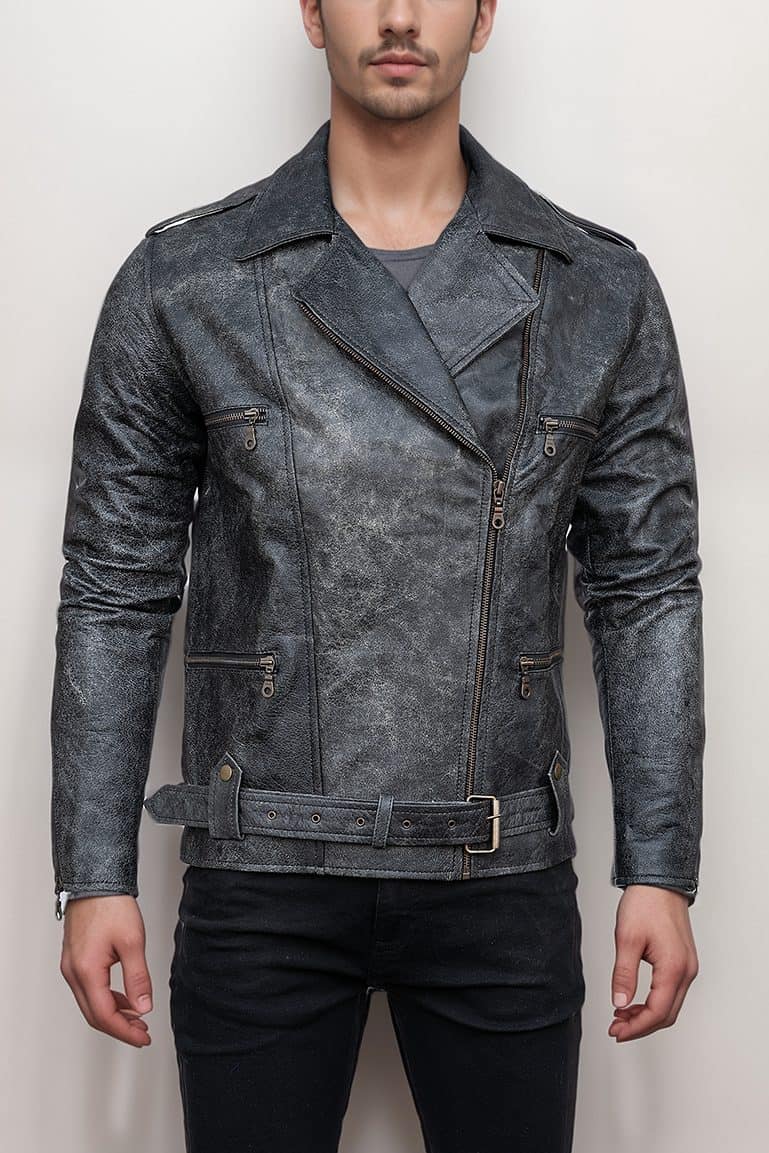 Men’s Vintage Style Distressed Black Leather Biker Jacket