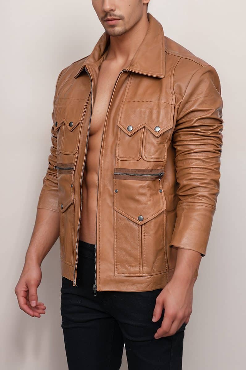 Men’s Versatile Tan Brown Genuine Leather Jacket