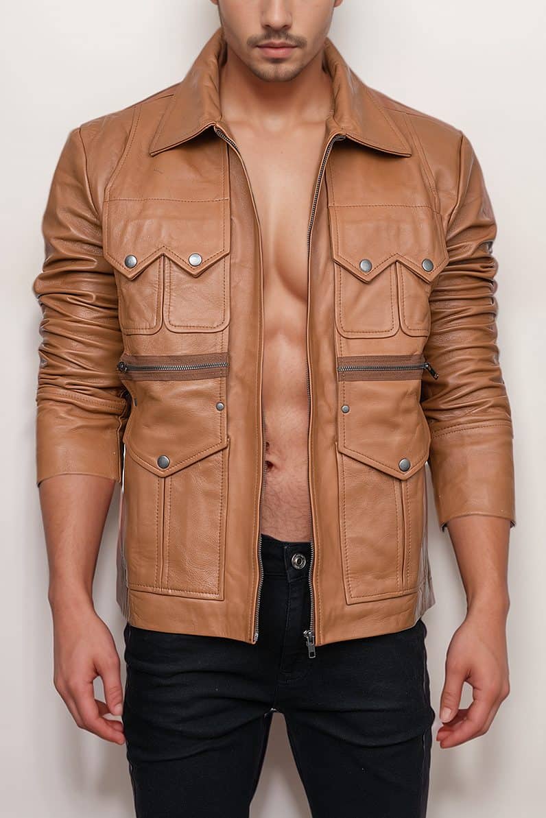 Men’s Versatile Tan Brown Genuine Leather Jacket