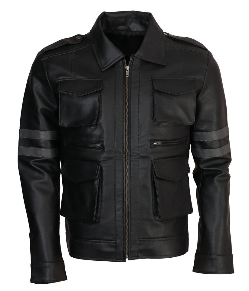 Men's Multi Pockets Evil Resident Cosplay Genuine Leather Jacketa