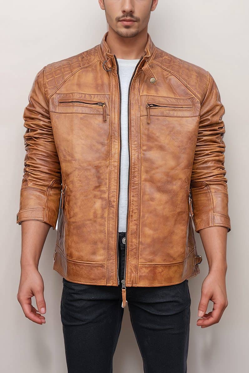 Tan Leather Jacket Quilted Shoulders Zipper Pockets