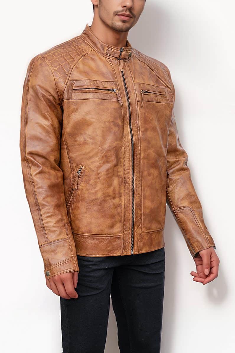 Tan Leather Jacket Quilted Shoulders Zipper Pockets
