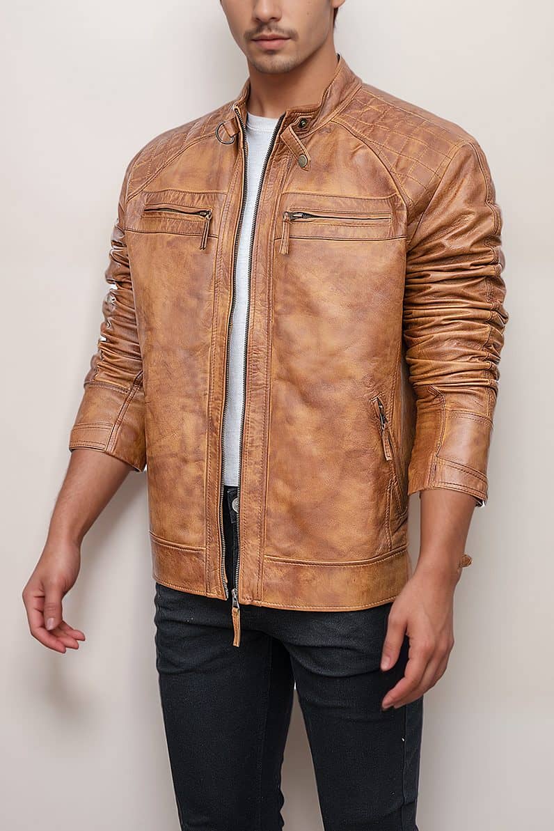 Tan Leather Jacket Quilted Shoulders Zipper Pockets