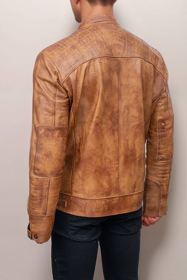 Tan Leather Jacket Quilted Shoulders Zipper Pockets