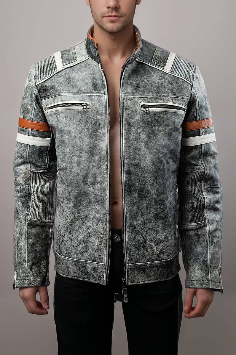Retro Distressed Grey Leather Jacket for Men’s