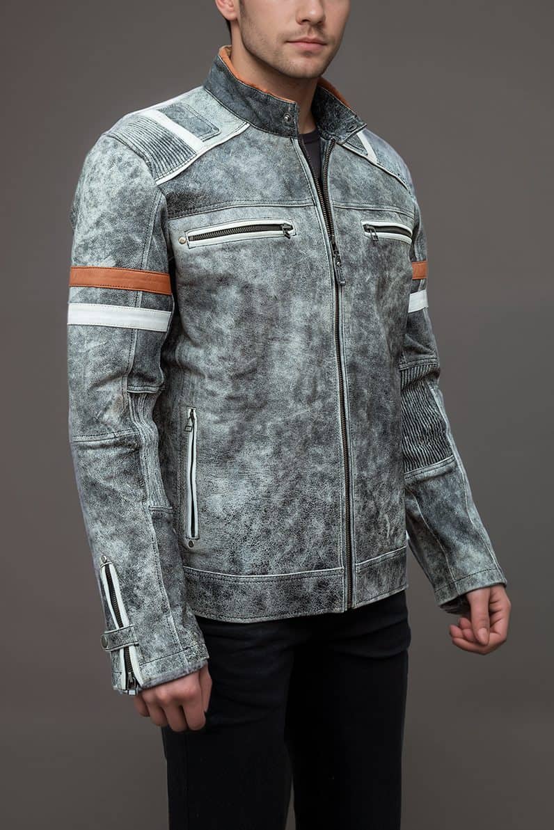 Retro Distressed Grey Leather Jacket for Men’s